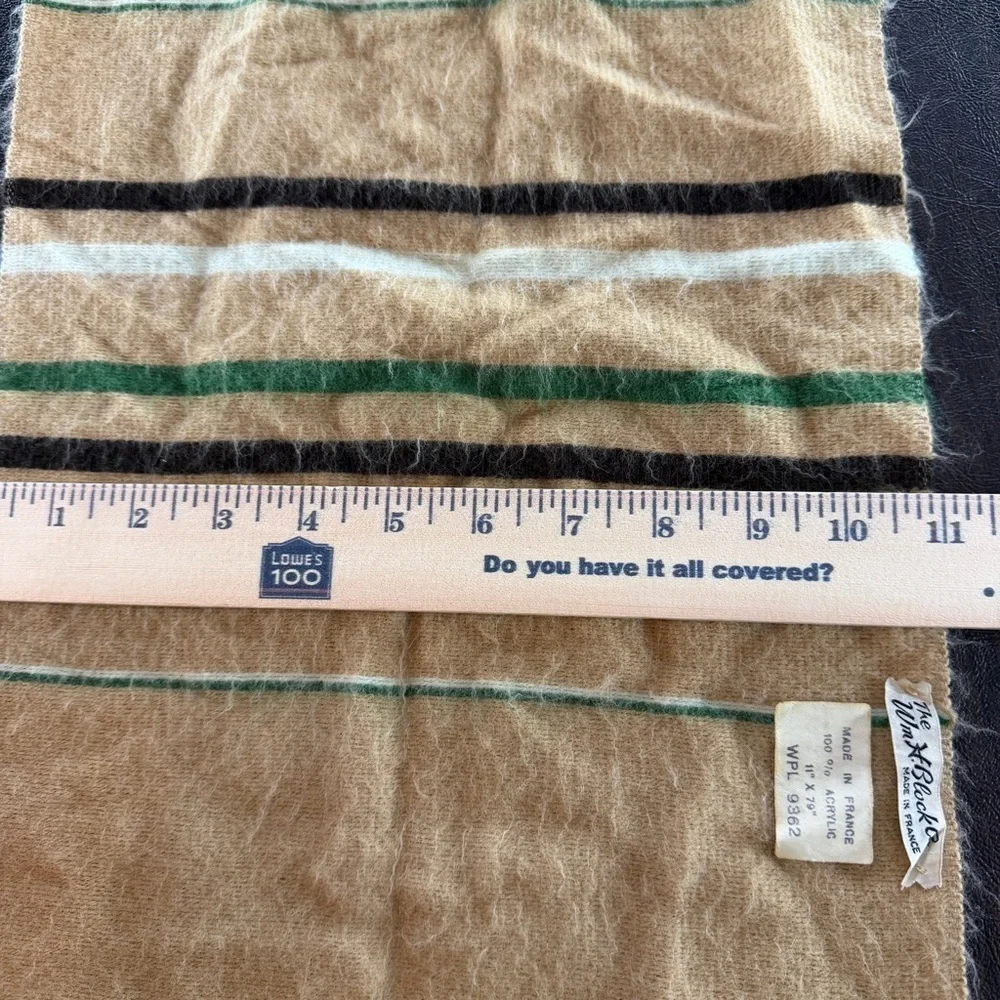 Vintage W H Block Striped Tan and Green Scarf with Fringe 79” x 11”